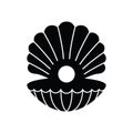 The shell icon with a pearl. Black silhouette of an open oyster with a round pearl. Royalty Free Stock Photo