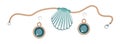 Seashell necklace on rope and earrings, marine jewerly. Vector illustration.