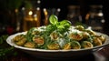 shell pasta fried with spinach and seasoned with basil and garlic