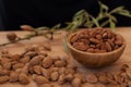 Shell and peeled almonds in wooden bowl with a tree brunch with black background Royalty Free Stock Photo