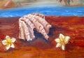 Shell and plumeria flowers on the seashore in Egypt, oil painting