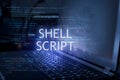 Shell script inscription against laptop and code background. Technology concept. Learn programming language Royalty Free Stock Photo