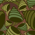 Shell sea military pattern seamless. conch Khaki soldiery texture. Green Camouflage army background . protective ornament vector