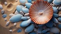 a shell sitting on top of a pile of blue and white pebbles. generative ai