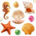 Shell, snail, mollusk, starfish, sea horse. 3d icon set Royalty Free Stock Photo