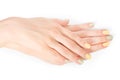 Shellac manicure and rhinestones. On white with clipping path Royalty Free Stock Photo