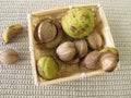 Shellbark hickory nuts in basket Royalty Free Stock Photo