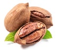 Shelled and cracked pecan nuts with leaves close-up on white background