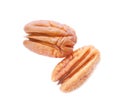 Shelled pecan nuts on white background