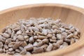 Shelled sunflower seeds on a wooden bowl against a white background. Food. Spices Royalty Free Stock Photo