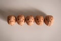 Shelled walnuts with stylized faces of smiling and grumpy faces on it. Being happy and sad. Customer Experience Concept
