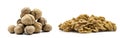 Shelled walnuts and walnut kernels isolated on a white background. Royalty Free Stock Photo