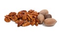 Shelled and whole pecans on white Royalty Free Stock Photo