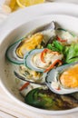 Shellfish mussels in cream sauce with white wine and chili pepper. Royalty Free Stock Photo