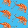 Shellfishes prawn seamless pattern on turn blue background