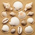 Shells are arranged on a sandy surface, displaying diverse shap Royalty Free Stock Photo