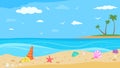 Shells on beach. Ocean landscape, travel or vacation banner. Illustration with sea, clouds and shell on sand, island