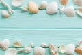 Shells Frame And Seaside Background For Blog Or Desktop On Mint Green Wooden Table Top View Mockup