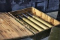 Shells from the gun are in the box. New ammunition from brass are in the box Royalty Free Stock Photo