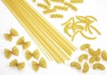 Shells, Macaroni, Spaghetti, and Twisted Pasta Against White Background