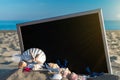 Shells pattern. Globe, seashell, airplane and starfish near black desk on sea beach in sunny day. Copy space of summer vacation Royalty Free Stock Photo