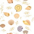 Shells on sand. Bottom of reservoir or beach. Sea ocean. Seamless. Illustration in cartoon style. Flat design. Vector Royalty Free Stock Photo