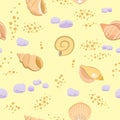 Shells on sand. Bottom of reservoir or beach. Sea ocean. Seamless. Illustration in cartoon style. Flat design. Vector Royalty Free Stock Photo