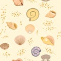 Shells on sand. Bottom of reservoir or beach. Sea ocean. Seamless. Illustration in cartoon style. Flat design. Vector Royalty Free Stock Photo