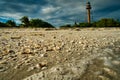 Shells on Sanibel Island with historic lighthouse and dramatic sky in background Royalty Free Stock Photo