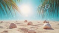 Shells Scattered on a Sandy Beach Under Bright Sunlight With Bubbles and Palm Leaves in the Background Royalty Free Stock Photo