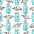 Shells seamless pattern with message in a bottle. Hand drawn vector marine background. Art print Royalty Free Stock Photo
