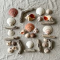 Shells in shades of red and white various conch and snail shells and Royalty Free Stock Photo