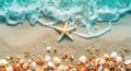 Shells and star on sand beach near wavy turquoise sea water. Beach vacation concept background with copy space, top view. Created