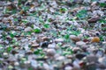 Shells, stones and crystals rounded by the erosion of the sea Los Cristales Beach, Galicia. Spain