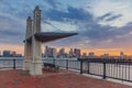 Shelter and bench overlooking the Boston Harbor with the skyline