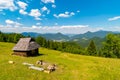 Shelter cabin hut with view to valley, Velka Fatra, Western Carpathians, Slovakia Royalty Free Stock Photo