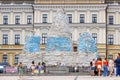 Shelter of historical monuments from possible blows with sandbags on Mikhailovskaya Square in Kyiv. Kyiv, Ukraine, July 24, 2022