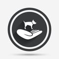 Shelter pets sign icon. Hand holds dog symbol. Royalty Free Stock Photo