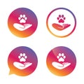 Shelter pets sign icon. Hand holds paw symbol. Royalty Free Stock Photo