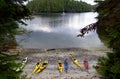 Sheltered anchorage in God's Pocket, Vancouver Island, with kayaks and sail boat..