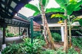 Sheltered path way with directional sign post at Singapore Botanic Gardens. Royalty Free Stock Photo