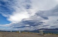 Sheltered picnic tables line the shore of Pyramid Lake at Karaban Beach in Nevada, USA Royalty Free Stock Photo