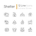 Shelters types linear icons set