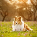 Sheltie dog in a park with green field and sunset. Royalty Free Stock Photo
