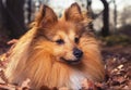 Shelty lies in brown foliage Royalty Free Stock Photo