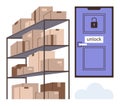 Warehouse storage with stacked boxes and secure door with lock symbol for confidentiality Royalty Free Stock Photo