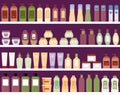 Shelves with colorful cosmetic products in plastic bottles.