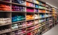 Shelves of colorful yarn for knitting in the store