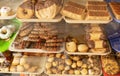 Shelves with cookies on the window. Confectionery. Quito, Ecuador