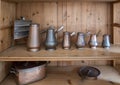 Shelves with copper utensils in the main kitchen in service of the Pena Palace in Sintra, Portugal. Royalty Free Stock Photo